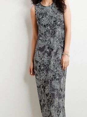 J. Jill Stenciled Gray and Black Floral Sleeveless Midi Dress